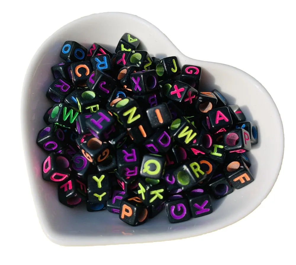 

Black Neon Color Cube Acrylic Letters Beads 2600pcs 6*6mm Square Big Hole Spacers Alphabet Jewelry Bracelet Ornament Beading