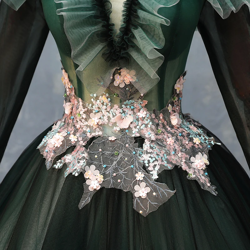 100%real carnival fairy dark green embroidery court medieval dress renaissance Gown queen Victorian /Marie/ Belle Ball/ball gown image 5