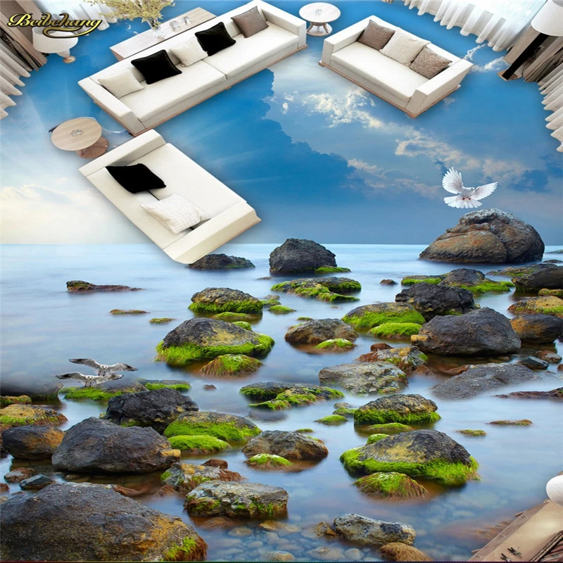 beibehang Custom Photo Wallpaper Floor Cover Painting Sea Stone Seaside Sky 3D Floor Tile Painting papel de parede