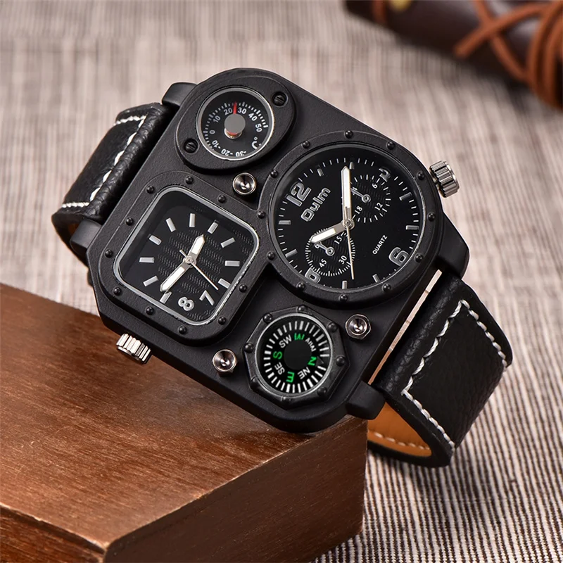 Oulm 1169 Square Men\'s Watches Two Time Zone Watch Outdoor Sports Men Decorative Compass Unique Male Wristwatch Hours