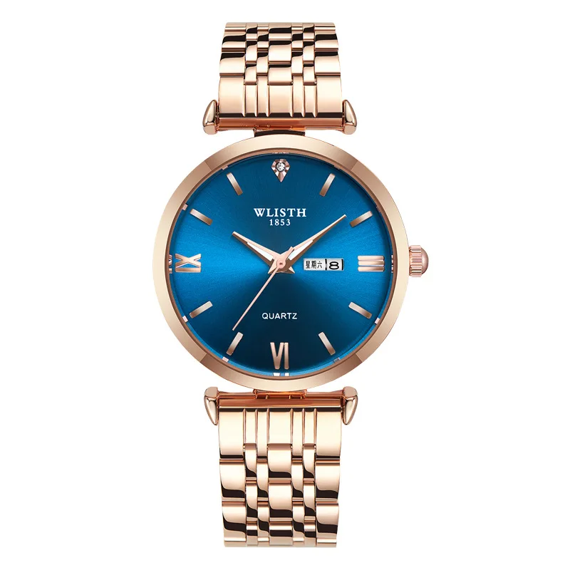 Wlisth-reloj de cuarzo informal para hombre y mujer, cronógrafo de pulsera de acero inoxidable dorado de lujo con fecha en inglés para negocios