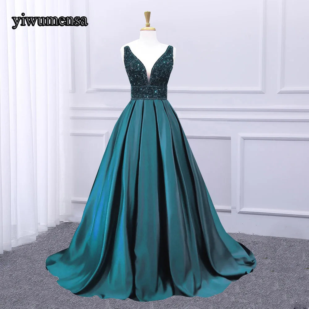 Luxury Sexy Deep V Neck Satin Prom Dress Heavy Crystal Beading Backless A Line Evening Formal Stage Party Gowns Customized