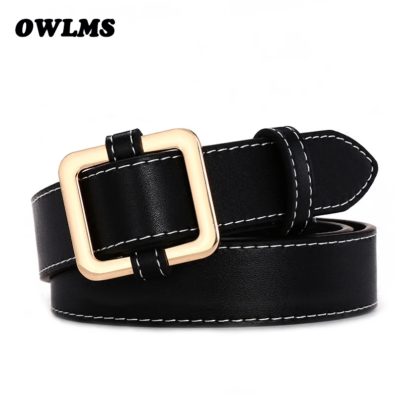 

Black White Coffee Wide Leather Waist Strap Belt high quality Women Gold Square No Pin Metal Buckle belts Woman Belts for Jeans