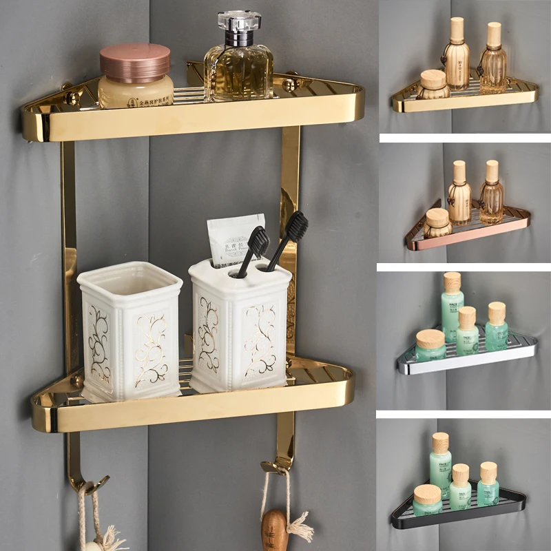 Corner Shelf Brass Bathroom Shower Rack Brushed Gold Bath Shower Shelf Bath Shower Caddy Rack Holder Wall Mounted Bathroom shelf