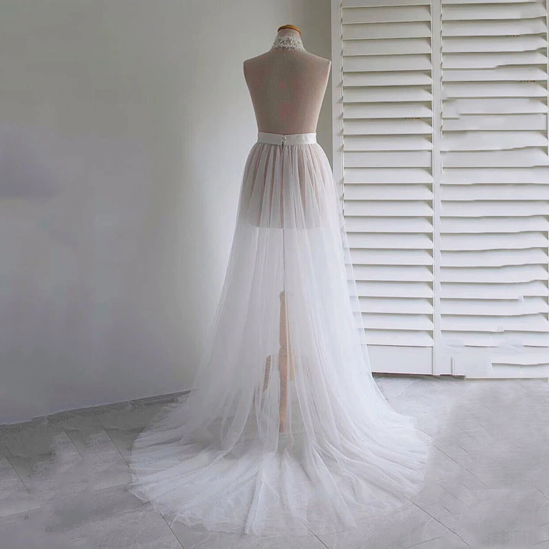 White Mesh Ribbon Wasit Tulle Long Bridal Skirt With Little Train Saia Faldas 3 Layers No Lining Match Wedding or Evening Dress