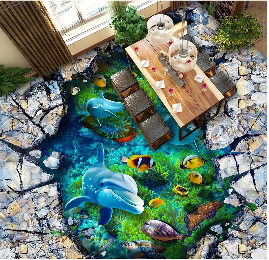 

3d floor painting wallpaper Underwater World Dolphin 3D Stereo Flooring waterproof wallpaper for bathroom wall 3d flooring