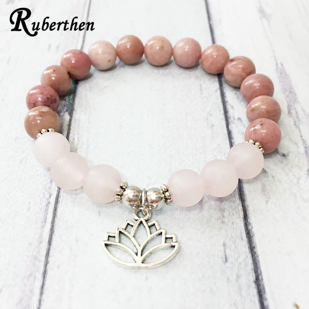 Ruberthen New Arrivals Design Girls Bracelet 8 mm Rhodonite Matte Rose Quartz Bracelet Lotus Chram Yoga Balance Jewelry