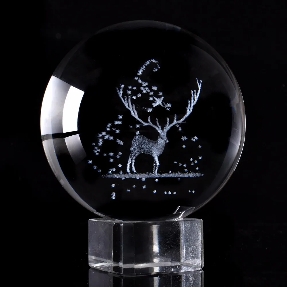 3.15 Inch 3D Elk Crystal Ball Laser Engraved Animal Glass Ball Globe Miniature Model Home Decor Gift Ornament