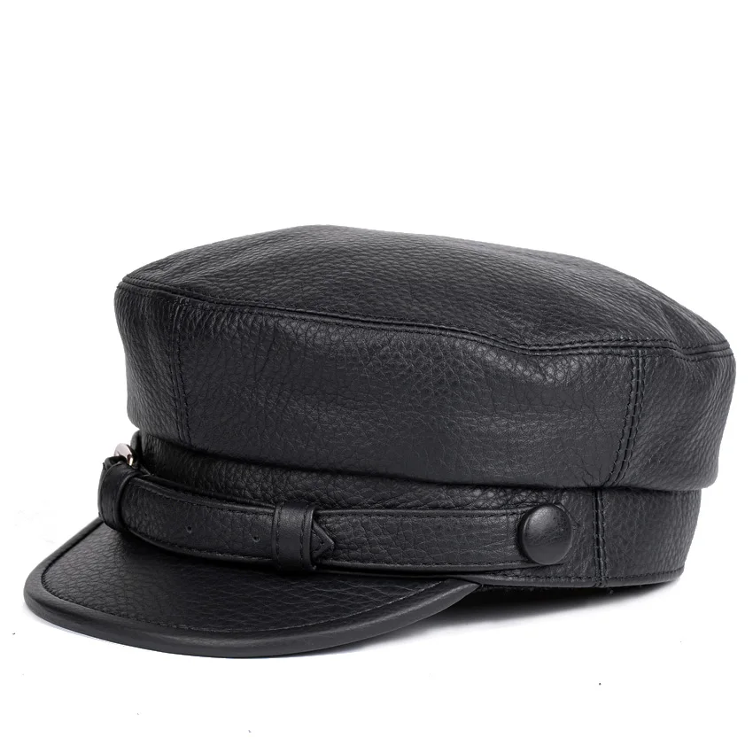 RY0116 Unisex South Korean Style Genuine Leather Fitted Flat Hat For Man Woman Personality Locomotive Punk Black Baseball Caps