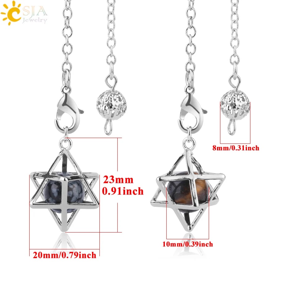 CSJA Reiki Natural Stone Merkaba Pendulum for Wicca Drowsing Hexagram Pendule Round Crystal Quartz Beads Pendants Jewellery F975