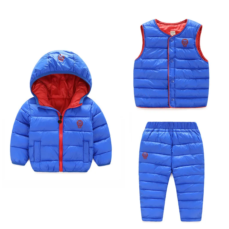 

Children Set Boys Girls Clothing Sets Winter 3Pcs Hoody Down Jacket + Pants+ Vest Waterproof Snow Warm kids Clothes Suit Costume