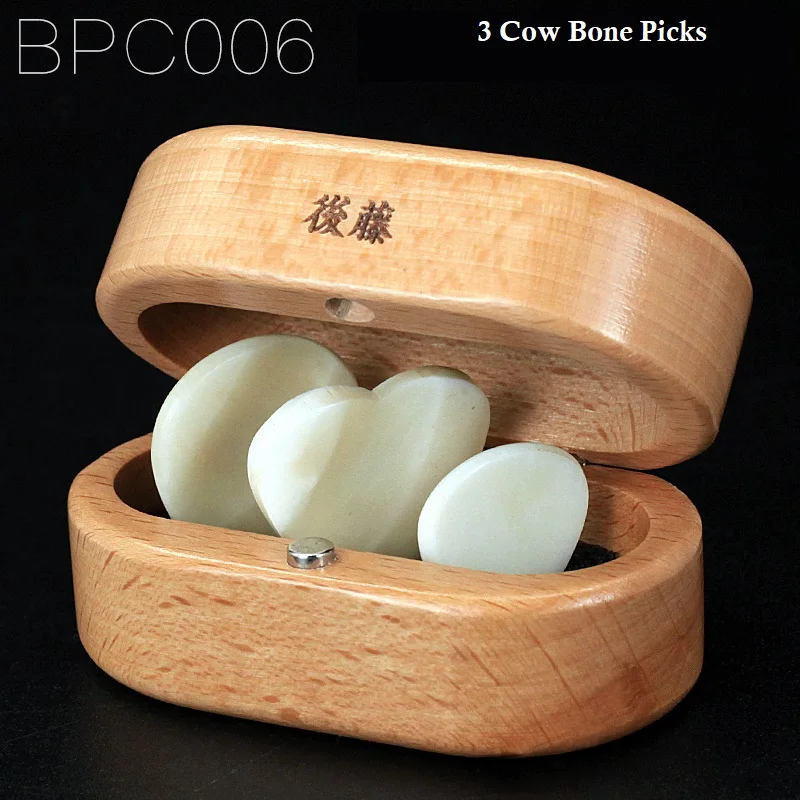 QCYQ Guitar Picks Handmade Out of Genuine Cow Bone with Wooden Box Gift Set, 3 Pieces of Guitar Pick