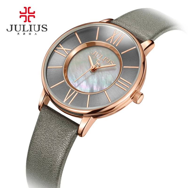 Julius Watch Women Thin Leather Wristwatch Shell dial Clock Gray RoseGold 30M Waterproof Japan Quartz Movt Stainless back JA-961