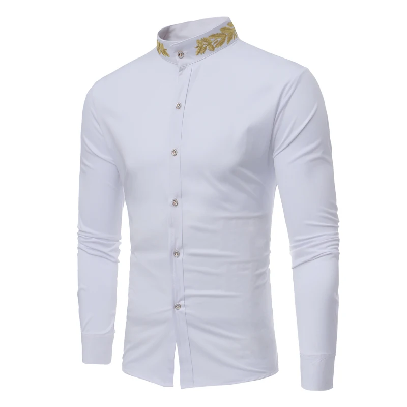 Stand Collar Men Shirt Black 2022 Brand Gold Embroidery Men Long Sleeve Dress Shirts Slim Fit Cotton Male Casual Chemise Homme