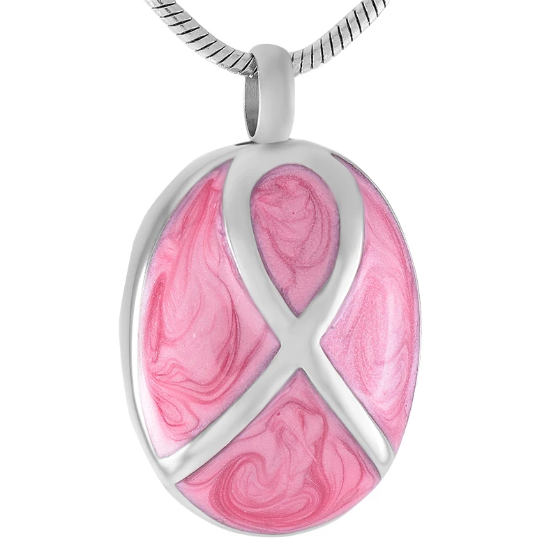 

IJD9381 Keepsake Urn Jewelry Ashes Holder Memorial Cancer ribbon Pink Oval Shape Stainless Steel cremation Pendant For Women