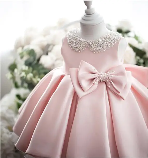 Cute Baby Girl Dress 1 year Birthday Pink Tulle Princess Dress Beads Bow Baptism Gown Newborn Wedding Party Christening Vestidos