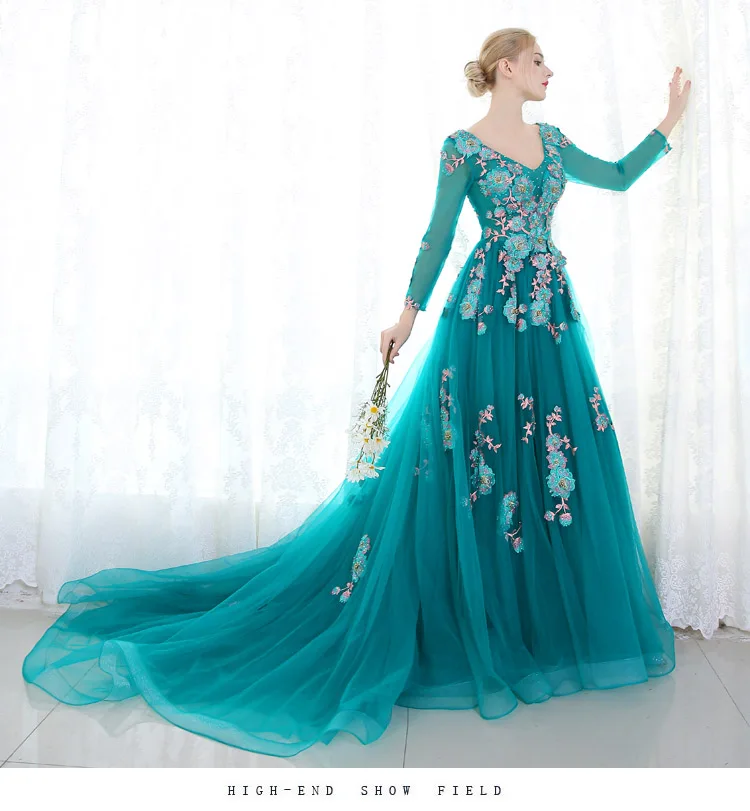 

100%real peacock green full beading long sleeve court ball gown Medieval dress Renaissance Gown princess Royal victoria dress