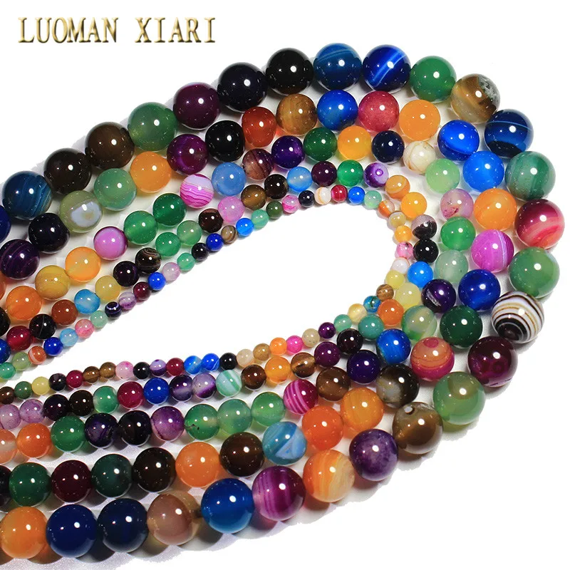 Wholesale Natural Colorful Stripes Agates  Stone Beads For Jewelry Making DIY Bracelet Necklace 4/6/8/10/12 mm Strand 15\'\'