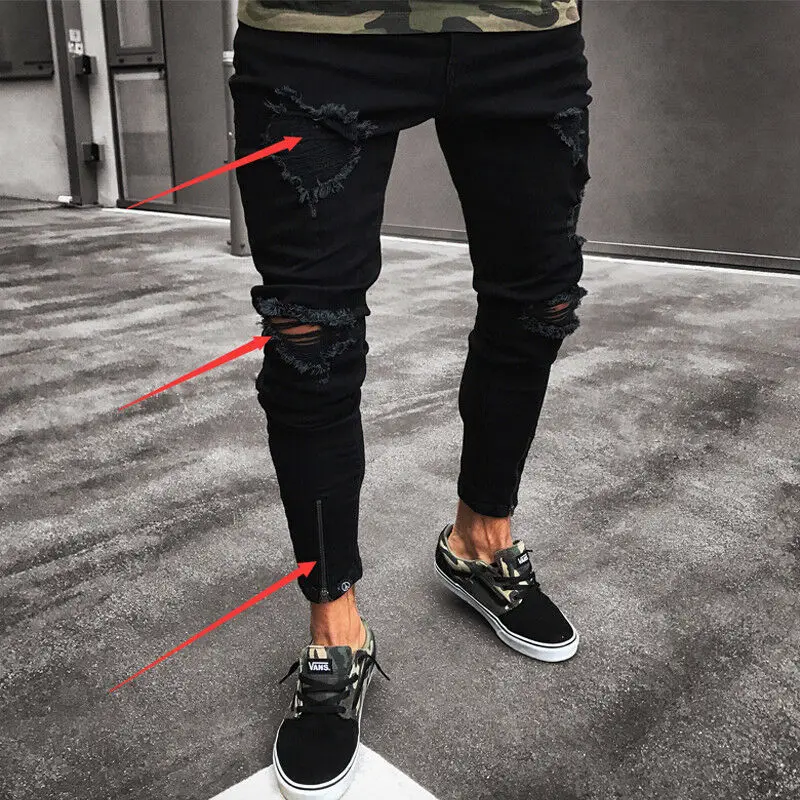 

Mens Cool Designer Brand Black Jeans Skinny Ripped Destroyed Frayed Stretch Slim Fit Black Pencil Pants 2019 New