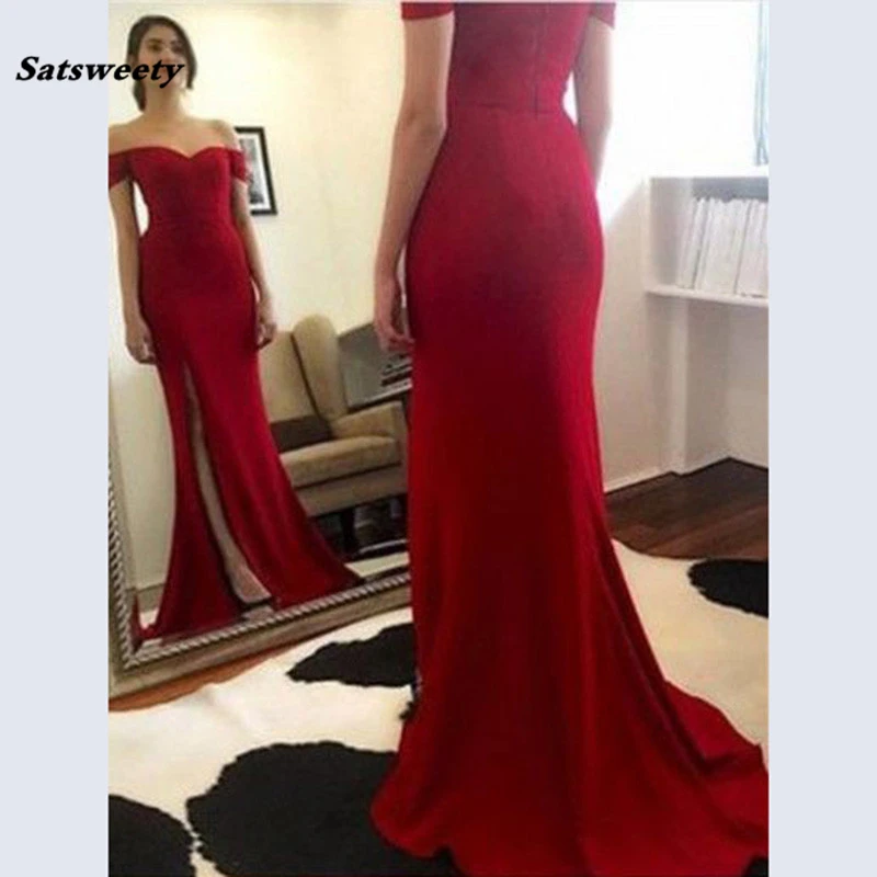 New Arrival Off the shoulder Sexy Red Bridesmaid Dress Sweetheart Neckline A line Side Slit Long Bridals Prom Dresses