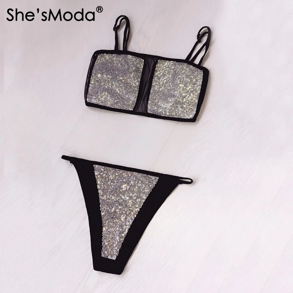 She'sModa Sexy Mesh Rhinestones Sequins 2018 New Women's Bikini Set