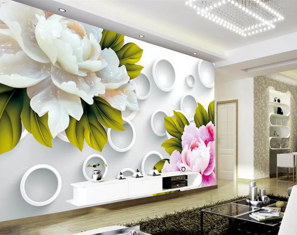 

Stereoscopic wallpaper 3D circle jade peony Custom photo wallpaper 3D stereoscopic wallpaper living room TV background wall