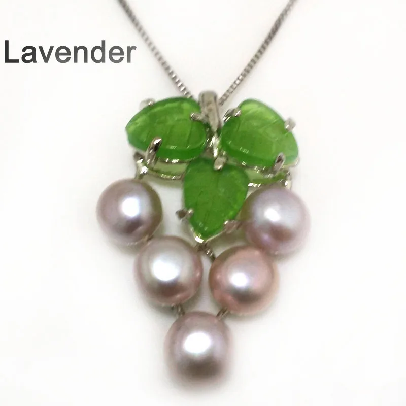 18 inches Grape Style 7-8mm Lavender Button Pearl Green Leaf 925 Silver Pendent Necklace