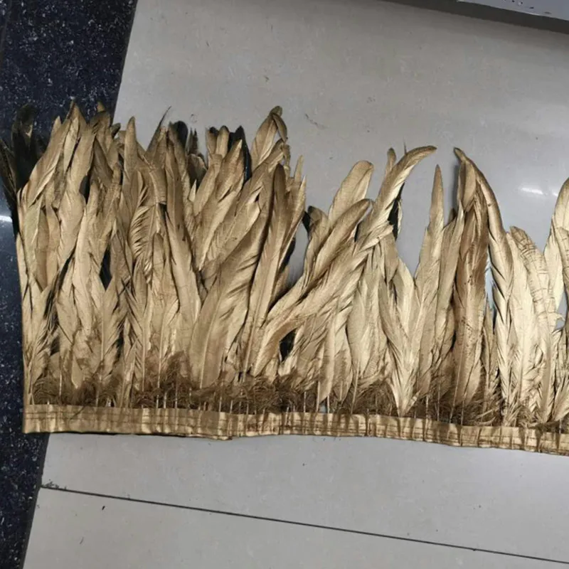 2 Yards Elegant Gold Rooster feather Trim Height 12-14inches 30-35cm Feathers for DIY Wedding Dress Sewing Accessories Ribbon