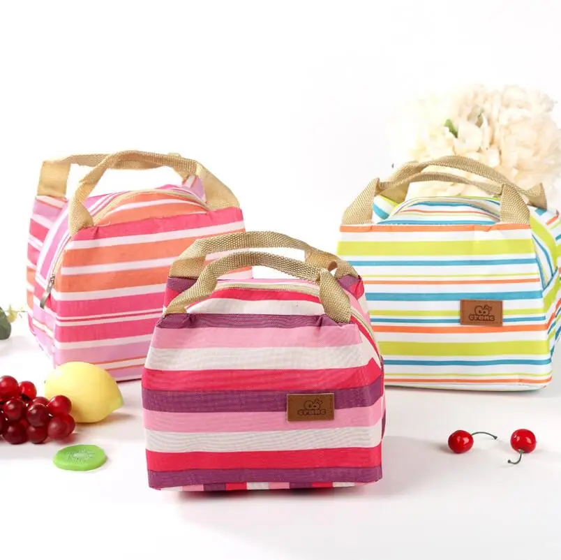 Canvas Stripe Picnic Lunch Drink Thermal Insulated Cooler Tote Bag Portable Carry Case Lunch Box LX6758