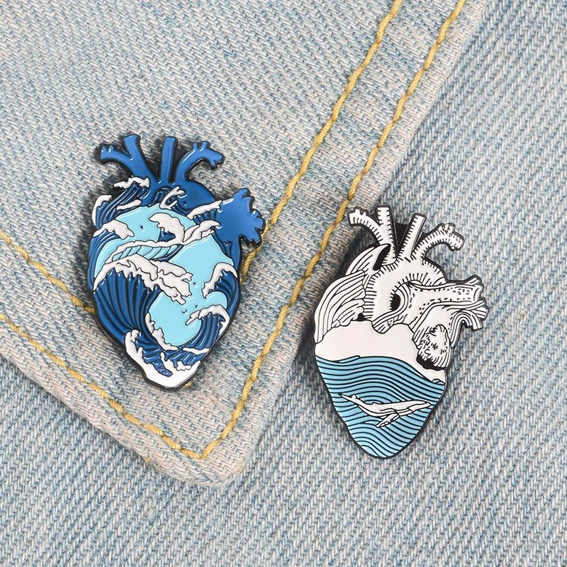 Blue Ocean Wave Organ Heart Enamel Pin Brooch Blue Sea Whale Human Heart Lapel Pins Badges Fashion Denim Jackets Wave Jewelry