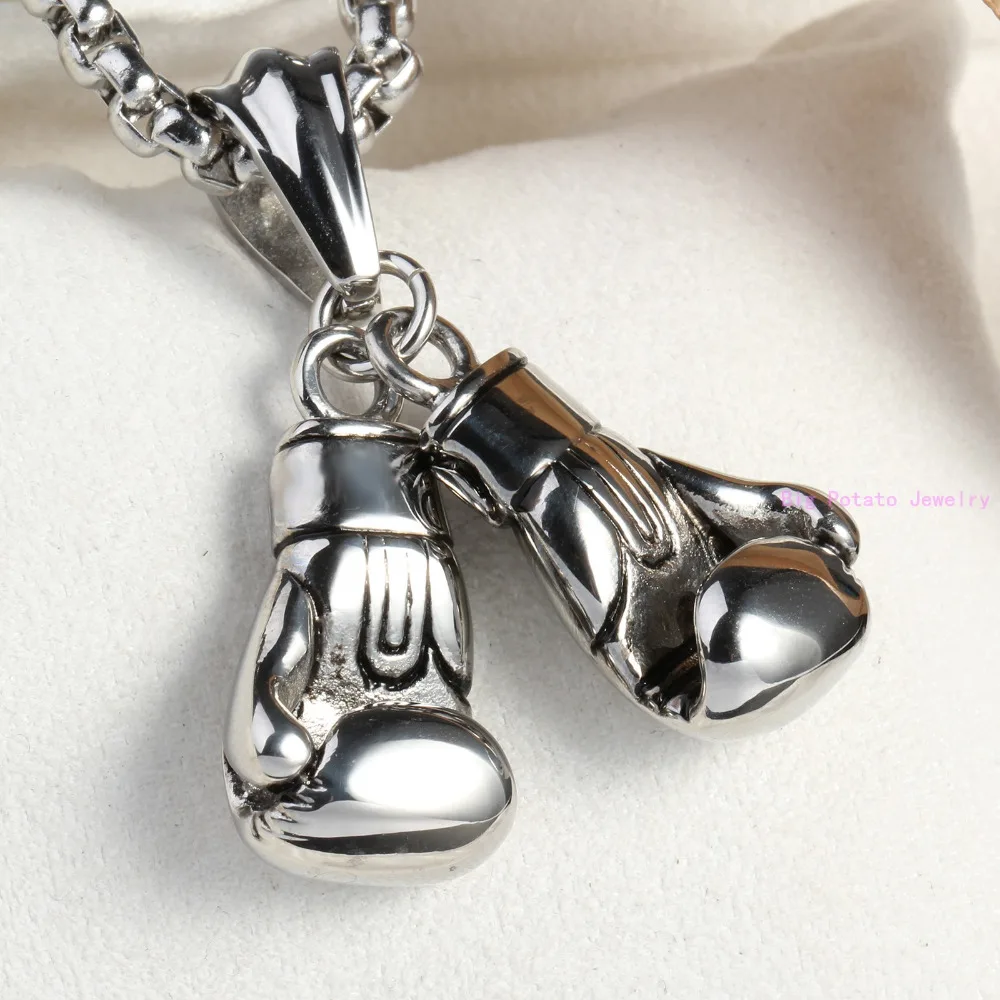 New 2pcs/set Silver Color 316L Stainless Steel Shinny Boxing Glove Pendant Necklace Free Rope Chain Cool Men\'s Jewelry