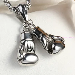New 2pcs/set Silver Color 316L Stainless Steel Shinny Boxing Glove Pendant Necklace Free Rope Chain Cool Men's Jewelry
