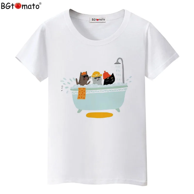 Hot Sale Little cat bathing T-shirt women Lovely cute kawaii tops tees Brand new cool summer Shirts