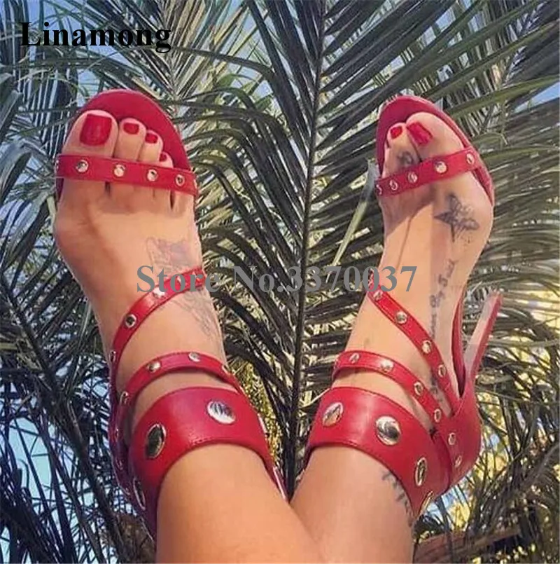 

New Design Women Summer Fashion Open Toe Metal Rivet Stiletto Heel Sandals Ankle Straps Buckle High Heel Sandals Club Shoes