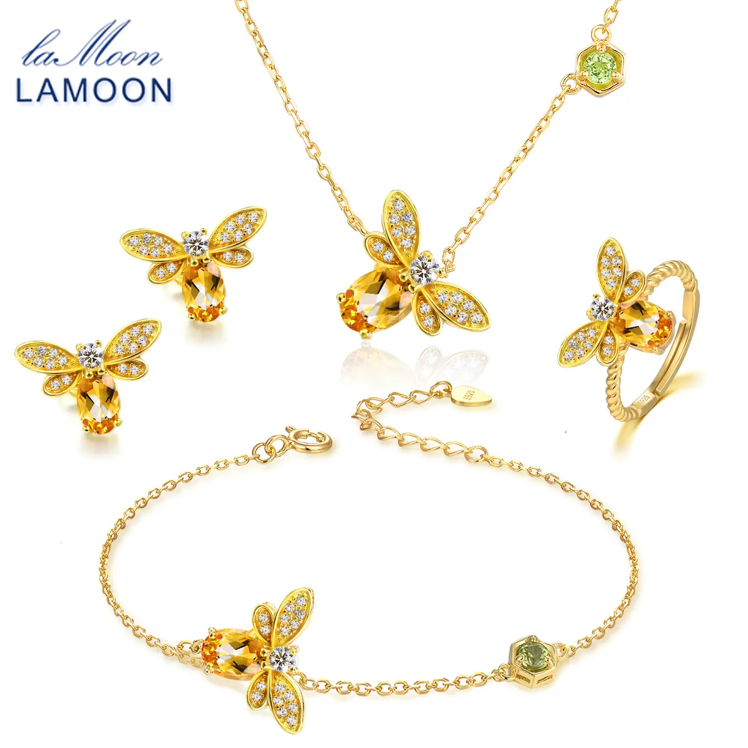 

LAMOON Bee Sterling Silver 925 Jewelry Sets For Women 1ct Natural Citrine Rings Bracelet Necklace Earrings Set For Women V027-5