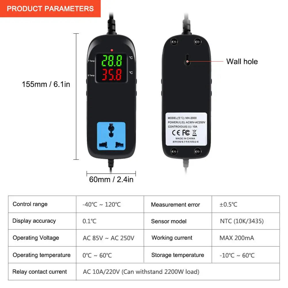 Yieryi MH-2000 AC90V~ 250V Quality Electronic Thermostat LED Digital Breeding Temperature Controller With Socket