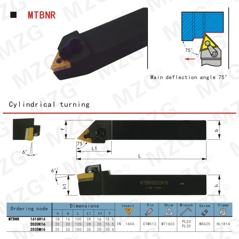 MZG Machining 20 16 mm MTBNR 1616H16 Boring Cutter Metal Carbide Cutting Toolholder External Turning Tool Holder CNC Lathe Arbor