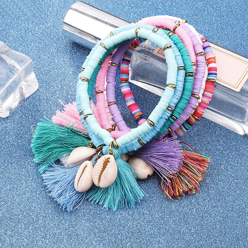 Fashion Tassel Natural shell Pendant Bracelet for Women 7 Colors Polymer Clay Elastic Charm Bohemia Bracelet Men Jewelry