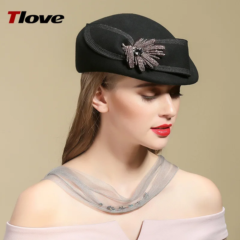 Female Fedoras Hat Winter Australia Wool Vintage French Bowler Sombrero Hats Fedora Wool Hat for Women Flat Flower Hat B8985