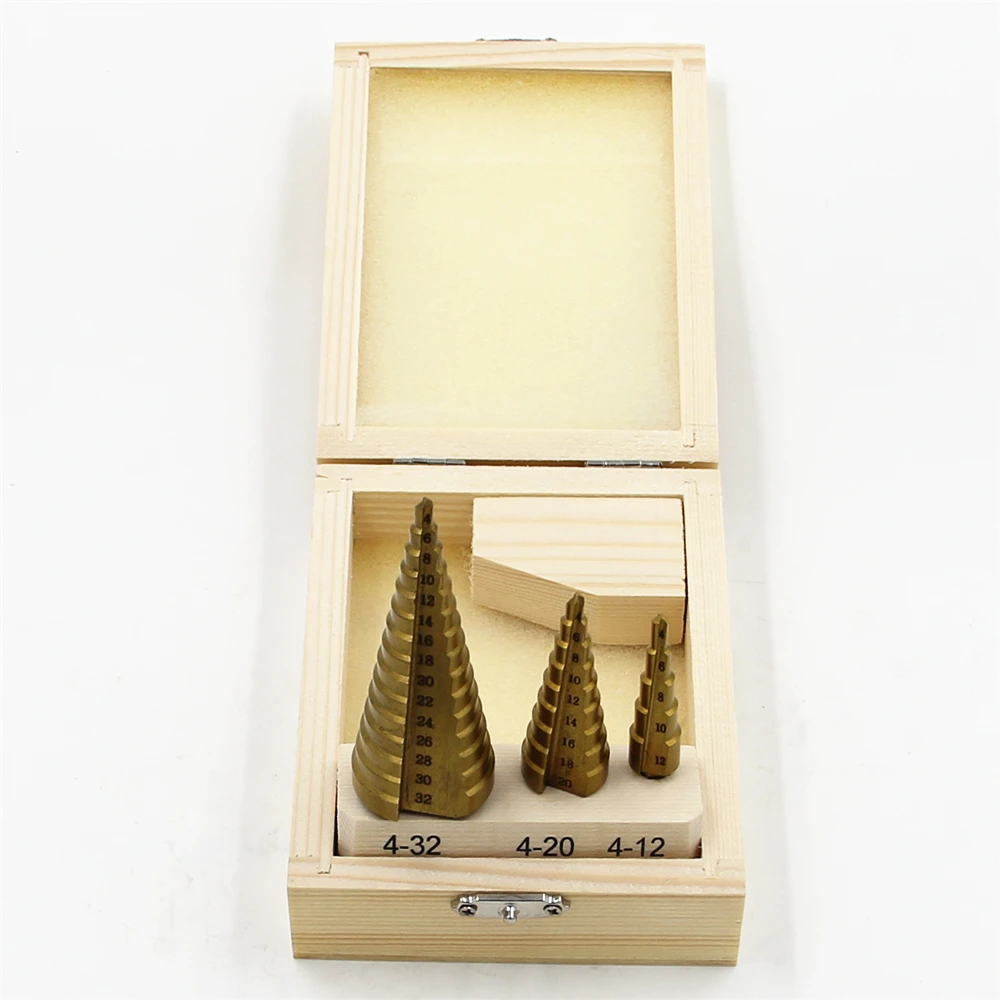 Wooden box packing 3PCS Pagoda Step Drill Bits 4-32mm 4-20mm 4-12mm Quality Perforator HSS Titanium Coated Straight Flute