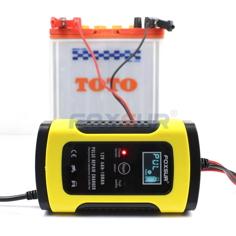 FOXSUR 12V 5A Pulse Battery Charger LCD Display, Motorcycle & Car Battery Charger, 12V AGM GEL WET Lead Acid Battery Charger