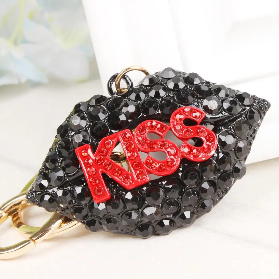 Black Lip Lover's Red Kiss New Fashion Charm Pendant Crystal Car Purse HandBag Key Chain Ring Creative Party Birthday Gift