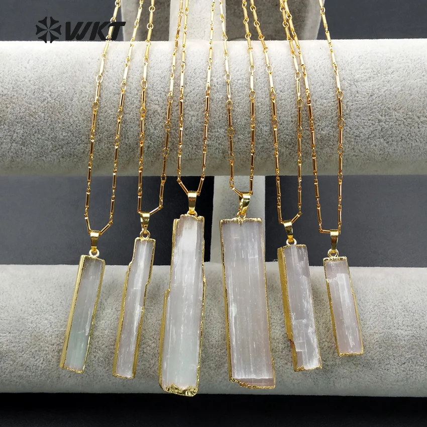 WT-N1021 Wholesale High Quality Natural Selenite Crystal Stone Necklace With 24 Gold Electroplated Tiny Chain Elegant Style