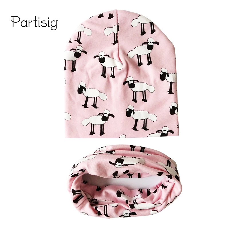 Autumn Winter Children Girls Cartoon Sheep Printing Cotton Hat Aand Scarf Set Animal Pattern Kids Caps Baby Beanie Bonnet