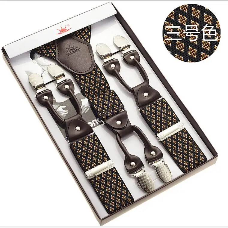 120cm Long 3.5cm Width Large Size Suspenders Men Genuine Leather 6 Clips Lengthened Tall Vintage Business  Lattice