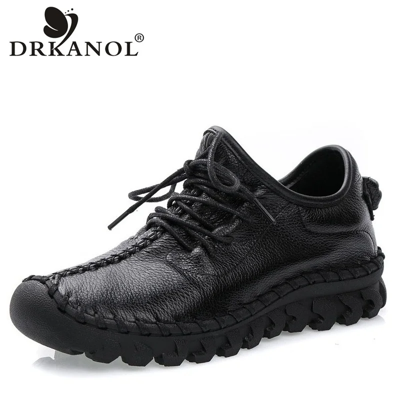 DRKANOL Handmade Shoes Women Flat Shoes Soft Bottom 100% Genuine Leather Sneakers Women Flats Casual Shoes Female Black White