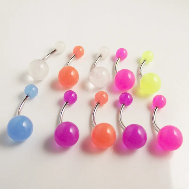 2pcs 2015 14G NEW UV Glow in the dark   belly ring  Navel Rings Acrylic ball  Button Ring stainless steel bar