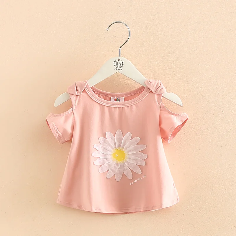 2023 Summer New Design 2 3 4 5 6 8 10 Years Cotton Short Sleeve O-Neck Strapless Off-Shoulder Floral Cute Kids Baby Girl T-Shirt