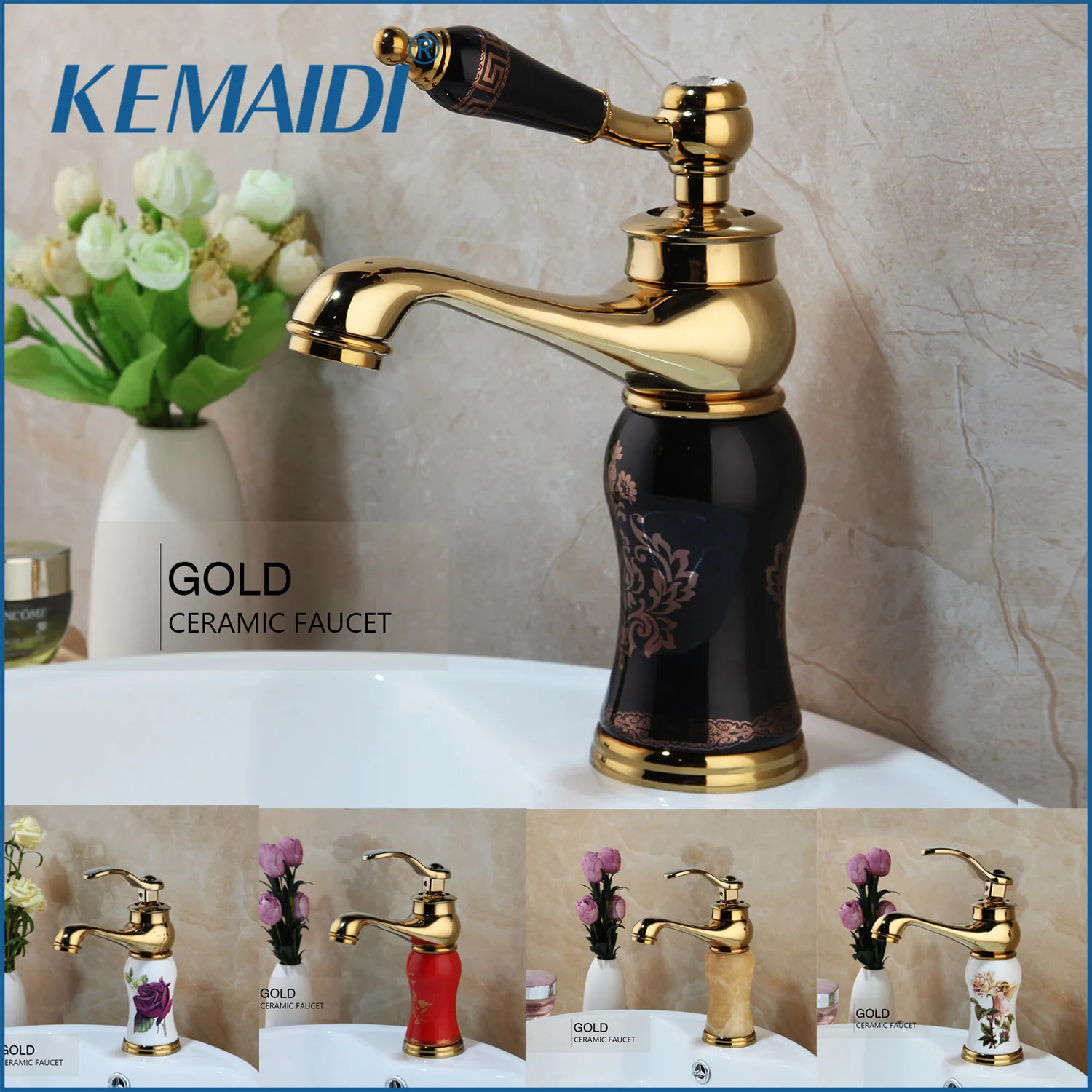 KEMAIDI Gold Polished Counter Top Bathroom Faucet Wash Basin Tap Swivel Single Handle Hot and Cold Water Mixer Tap