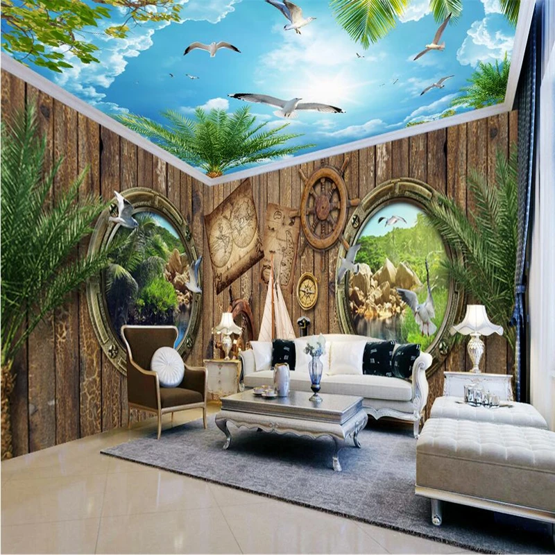 

beibehang Custom Photo Wallpaper Mural Wall Sticker Hooded Woodland Blue White Cloud Coconut Tree House Theme Space Background